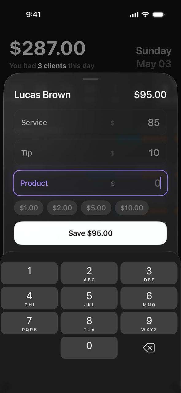 Entering service $85, tip $10 and product amounts in Chairlog